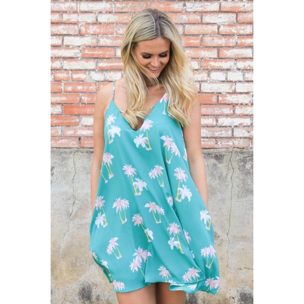 Peach Love California Womens Spaghetti Strap Palm Tree Dress size S